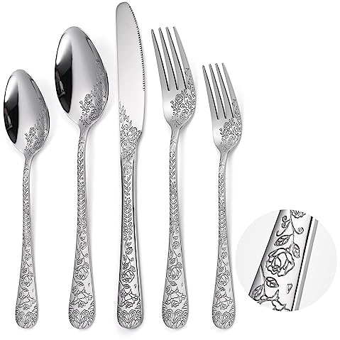 A · HOUSEWARE Floral Silverware Set 6 Silvery Flatware Stainless Steel with Delicate Engraved Rose Flower Embossed Design Complete 30 Piece Cutlery for Restaurant Utensils Home Kitchen Daily Use