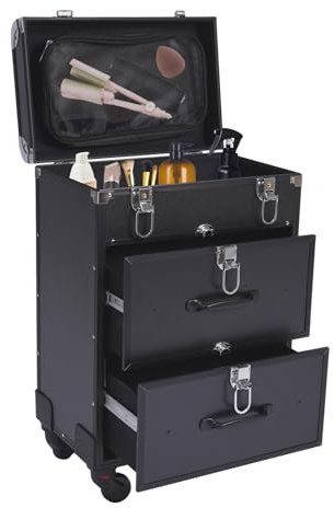 Maletín de maquillaje con ruedas, con 2 cajones y 2 cerraduras, maletín de peluquería grande 36 x 23 x 58 cm, maletín de maquillaje con ruedas giratorio 360°, gran capacidad, Negro , moderno