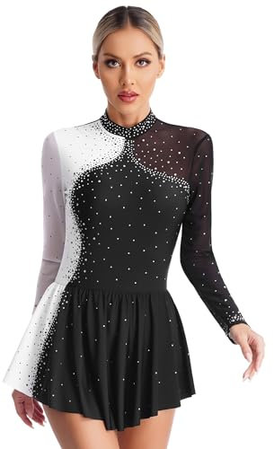 CHICTRY Eiskunstlauf Kleid Damen Langarm Strass Glitzer Ballettkleid Stehkragen Tanzbody Farbblock Patchwork Trikot Mit Wickelrock Dancewear Schwarz M