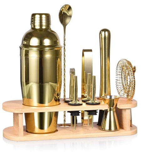 Esmula Lot de 12 shakers à cocktail, en acier inoxydable, 750 ml, pour barman, professionnel, pour la maison, avec livret de recettes de cocktail (doré)