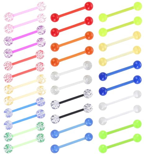 Pennle 32PCS 14G Tongue Bar Set, 16mm Straight Barbells with Stainless Steel Posts and Mixed Colour Acrylic Balls, Tongue Piercing Body Jewellery Multipack for Women and Men, Replacement Set