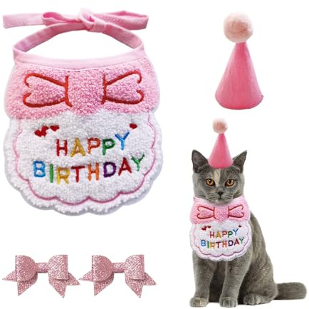 Kit d'Anniversaire pour Animaux de Compagnie - 1 Bavoir, 1 Bonnet, 2 Épingles à Cheveux avec Nœud, Écharpe, Costume de Chat (Rose)