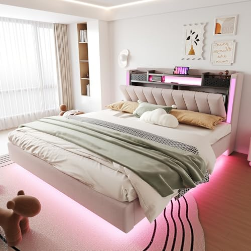 Sapgaks Lit 160x200 avec Sommier LED et USB, Lit Double 160x200 avec Rangement et Tete de Réglable, Rembourré avec à Lattes, 2 Personnes Cadre de(sans Matelas)