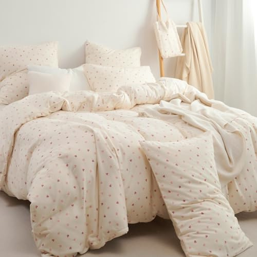 Sedefen Doppelte Musselin Bettwäsche 155x220 cm Baumwolle Leinen Weiß Rosa Herzen Bettwäsche Set,1 Bettbezug mit Reißverschluss und 1 Kissenbezug 80x80cm,85% Baumwolle und 15% Leinen Bettwäsche