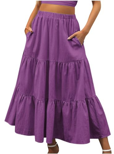 Faldas largas para mujer, cintura elástica, volantes, escalonada, acampanada, con bolsillo, para verano, casual, con vuelo, faldas largas My Orders Today's Deals 2025