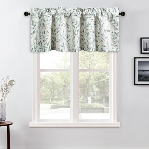 VOGOL Blue Leaves Linen Look Kitchen Valance for Windows, 54×18, 1 Panel | Rod Pocket Easy to Install, Farmhosue Botanical Print, Easy Care Durable Fabric，for Bedroom Living Room Cafe Windows
