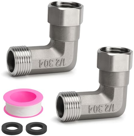 2 PCS tubo da 1/2 pollice con filettatura, connessione a vite mobile con nastro per tubi, gomito in acciaio inox 304 a 90 gradi, gomito DN15 1/2 AG connessione a vite per scaldabagni