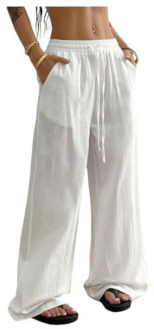 RoseSeek Women's Boho Wide Leg Linen Pants Drawstring Waist Casual Loose Trousers Vacation Outfits White Small