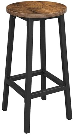 NMK HOME Sgabello da bar rotondo 65 cm – sgabello da cucina con struttura in metallo nera e seduta effetto legno rustico, sgabello stabile con poggiapiedi per cucina o bar