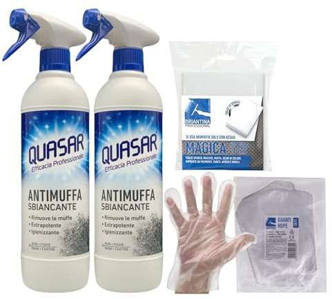 SET PULIZIA: Quasar Detergente Spray ANTIMUFFA Sbiancante, Extrapotente e Igienizzante 580ml + 1 Confezione Spugna Magica + 100pz Guanti HDPE Monouso (2 Spray + 1 Spugna + Guanti)