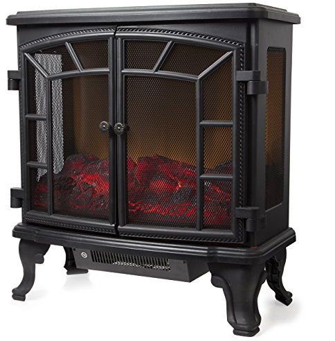 Warmlite WL46020 Rochester Portable Electric Double Door Fireplace Heater with Realistic LED Flame Effect, Remote Control, 2000W, Black