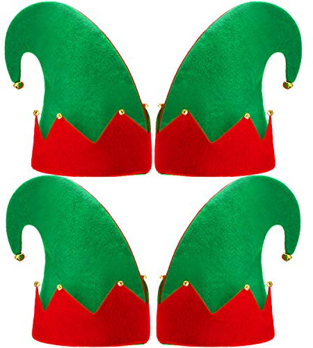 SATINIOR 4 Packs Christmas Elf Hat With Jingle Bells - Felt Costume Hat for Santa's Helpers - Xmas Party Accessories