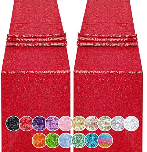 2PCS 12x72 Inch Sequin Table Runner Red Glitter Table Runner for Party, Wedding, Bridal Baby Shower, Event Decorations（2PCS, 12x72 Inch, Red）