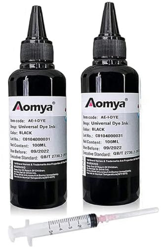 Aomya 2 Bottles Black Dye Ink Universal Printer Ink Cartridges Refill Ink Replacement for HP Canon Lexmark Brother Ricoh Refillable Ink Cartridges and CISS 100mlx2, with 1 Free Syringe