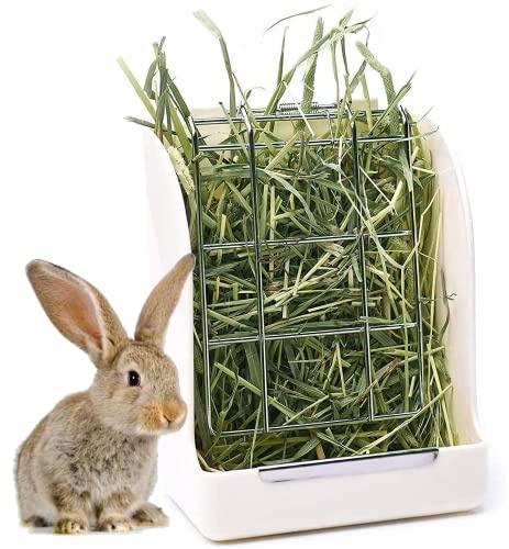 Edipets, Comedero Conejos, Alimentador, Heno Conejos, Cobaya, Roedores, Comida Pienso, Hamster, para Jaula Conejo, Accesorios, Plástico y Metal, con Pinza (Beige)
