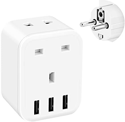 UK to European Plug Adapter, FDTEK Grounded EU Euro Europe Travel Adapter with 3 USB Slots, Schuko Travel Plug for Germany France Spain Iceland Greece Norway and more (Type E/F)