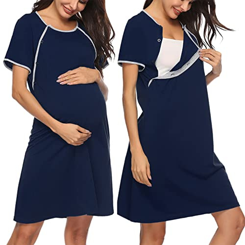Sykooria Women's Maternity Nightdress Breastfeeding Nightwear Short Sleeve Nursing Nightgown Button Down Sleep Shirt V Neck Pajama Tops Soft Loungwear For Pregnant Women(Navy Blue,XL)