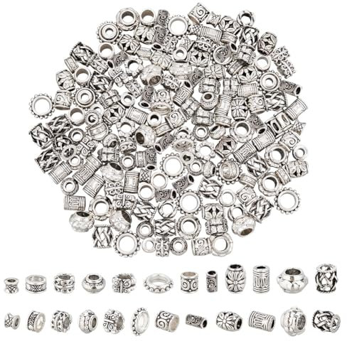 NBEADS 180 Stück 12 Stile Legierung Haarperlen, Tibetischer Stil Europäische Perlen Großes Loch Bartperlen Antike Silber Schmetterling Perlen Dreadlock für Schmuck Herstellung, Loch: 3.5~7mm