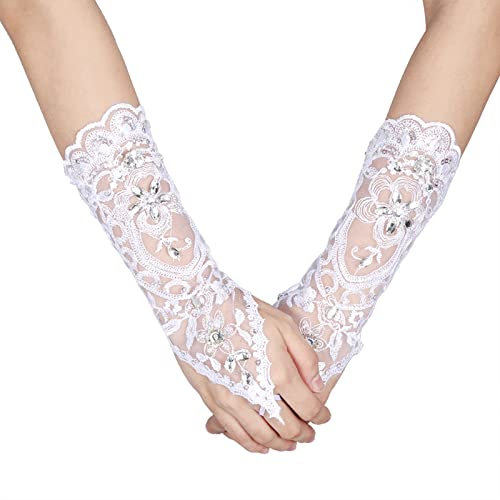 Pilipane Vintage Syle Vit Elfenben Spets Brud Strass Sexiga Fingerlösa Handskar Brudtillbehör, Spets Brudhandskar, Fingerlösa Spets Strass Brudhandskar för Bröllopsfest (Vit)