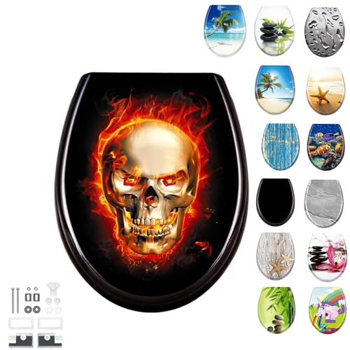 LILIIN Toilettendeckel WC Sitz, Absenkautomatik & Quick-Release, Antibakteriell, Duroplast Klodeckel, Schädel Flammen Design
