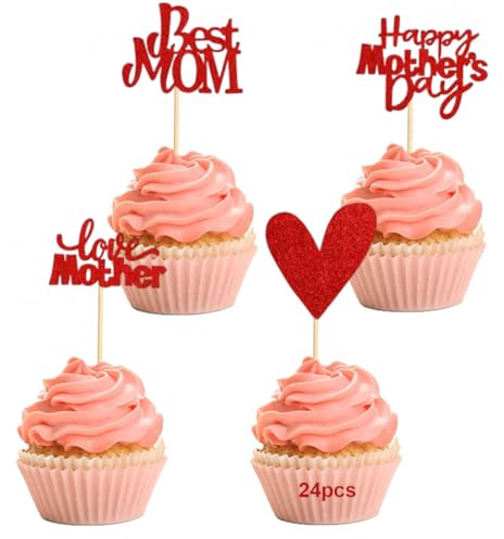 IBXWMNG Paquete de 24 adornos brillantes para cupcakes y decoración de fiestas del Día de la Madre