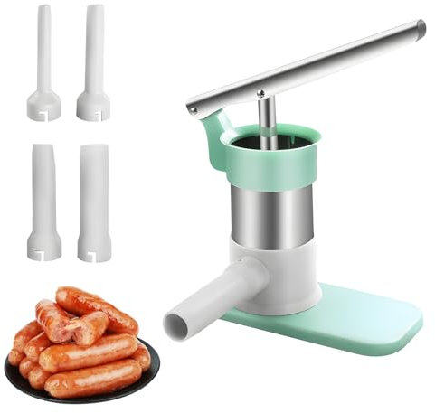 wurstfüller manuell edelstahl, Wurstfüller Wurstmaschine für den Haushalt, Manuelle Wurstfüllmaschine mit 4 verschiedene Füllrohre Wurstpresse, Sausage Maker, Machen Sie Köstliche Würstchen