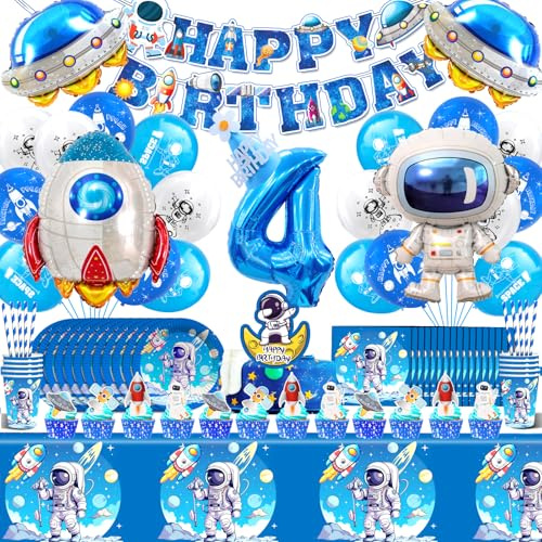 Rymddekoration barnfödelsedag 4 år, astronaut födelsedagsballonger 103 stycken, raket födelsedagsdekoration pojkar flickor, astronauter ballonger, rymden festservis med servetter papperstallrik