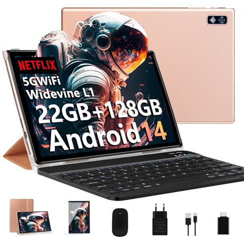 2026 Newest Tablet 10 Pollici Android,Tablets 22GB RAM+128GB ROM(TF 2TB), Octa Core 2.0Ghz /5G+2.4G WiFi/GMS/8000mAh/Bluetooth 5.0/Widevine L1/8MP+5MP/GPS/Tablet 3 in 1 con Tastiera e Mouse - Oro Rosa