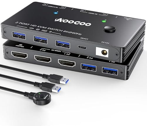 Switch KVM HDMI 2.1 8K@60Hz, switch KVM per 2 PC e 1 monitor con porta USB 3.0, telecomando cablato, cavo USB 3.0 incluso