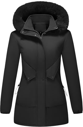 KUDMOL Manteau Femme Hiver Polaire Chaud Veste Parka Manches Longues Zippée à Capuche Amovible Blouson Zippé Outercoat(Noir,XL)