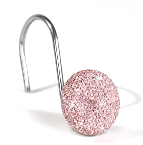 Blush Pink Crystal Shower Curtain Hooks: Luxury Sparkly Rhinestone Decorative Shower Rings for Valentines Day Christmas Holiday Bathroom Decor - Elegant Bathroom Accessories & Gift for Mothers Girls
