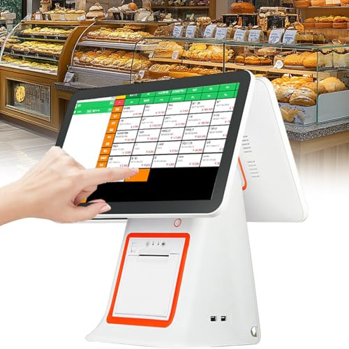 POS-system för småföretag, allt-i-ett-kassaregister med pekskärm med dubbla skärmar, streckkodsläsare, skrivare, kassalåda, pekskärm POS-kassaregister för detaljhandelsföretag White