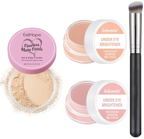 2 Piezas Under Eye Brightener Corrector + Polvos Sueltos,incluye Borla y Brocha para Corrector, Polvos Fijadores Maquillaje,Antiojeras