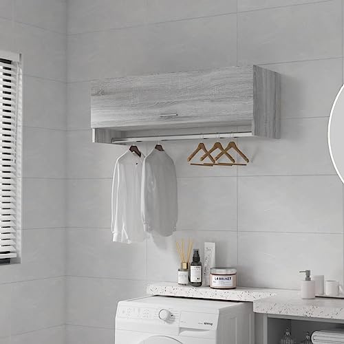 ZQQLVOO Armario de Madera Contraplacada Gris Sonoma 100x32,5x35 cm con 2 Compartimentos y Barra Colgante, Estructura Robusta y Resistente a la Humedad, Mueble de Almacenamiento