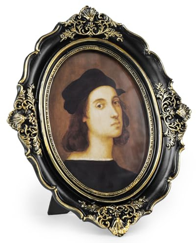 Cuspin 5x7 Picture Frame Black and Gold, Vintage Ornate Baroque Resin Photo Frame with Glass Front for Wall Hanging or Tabletop Display, Oval Frames for Horizontal or Vertical