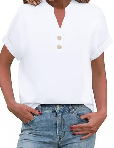 PASUDA Camicia Estiva Donna Blusa Lino Elegante Camicetta Manica Corta Camicia Scollo a V Button Down Camicia Tinta Unita Classico Top Estive T Shirt(Bianco,L)