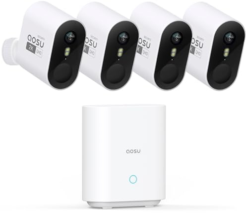 aosu 2K Caméra Surveillance WiFi Extérieure Intérieur sans Fil, 4 Cameras Kit avec aosuBase, sans Abonnement, Ultra Grand Angle, Autonomie Jusqu’à 240 Jours, Alerte Al Détection, Suivi Inter-Caméras