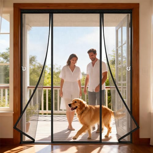Moustiquaire de Double Porte Magnétique Sans Perçage Rideau Double Porte Anti Mouches et Insectes Deux côtés ouverts Fermeture Automatique Pour Fenêtres Patio Couloirs-Black||205x245cm(81x96in)