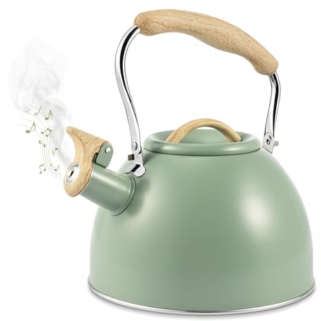 EVERGOODS Stainless Steel Whistling Tea Kettle for Stove Top, Loud Whistle Gas Stove Kettle with Wood Grain Heat-Resistant Handle, LargeTeapot for Induction, Electric Gas Stovetops (Green, 3L)