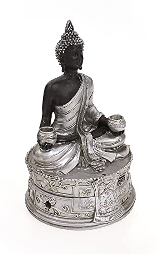 TEMPELWELT® Deko Figur Ruhender Buddha sitzend mit Kegelhalter 15 cm, Polystein, Dekofigur Medizinbuddha ruhend, Dose Vorratsdose