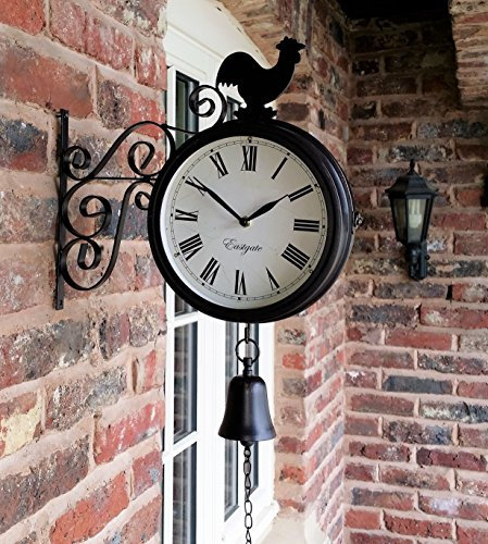 Horloge de jardin orné d'un coq et d'une cloche avec support de station double face – 20 cm de diamètre
