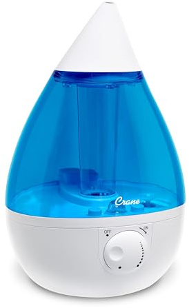 Crane Ultrasonic Cool Mist Teardrop Humidifier for Baby Nursery, Bedroom, Office, Large Room, Adjustable Humidity, Auto Shut-Off, Easy Clean Blue & White 1 Gallon
