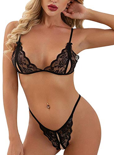 heekpek BH Damen Set Spitze Dessous Sexy Unterwäsche Lingerie Lace Verstellbarer Unterwäsche-Tanga Set, Schwarz, S-M