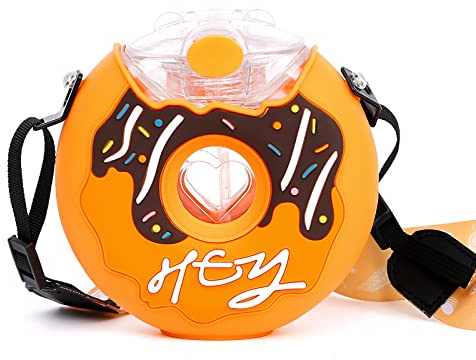 PHEENOWL Doughnut Kids Water Bottle with Straw & Strap for Girls and Boys, 13oz Drinking Water Bottles BPA Free One-Click-Open Leak-Proof Locking Flip Lid for School Sport Travel (Chocolate Donut)