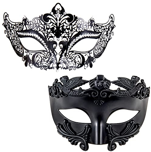 MYSEUNI Masquerade Mask for Couple Black - Roman Greek Venetian Men Mask & Shiny Rhinestone Filigree Metal Women Mask for Costume Cosplay Prom Mardi Gras Halloween Party