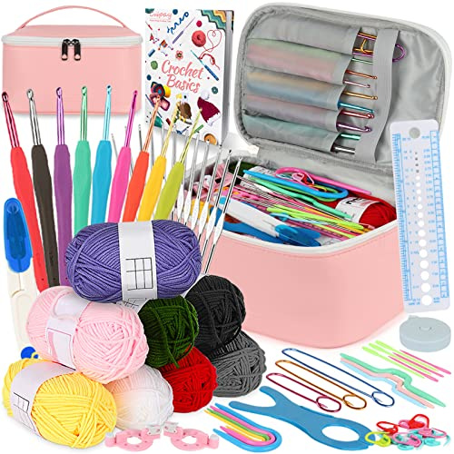 Coopay Juego de 62 piezas de ganchillo para principiantes, juego de ganchillo portátil para niños, agujas de ganchillo de encaje, bolas de hilo y más accesorios para tejer