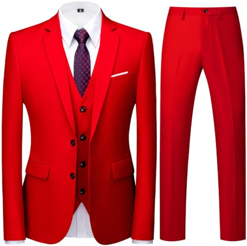 Allthemen Costume Homme Mariage 3 Pièces Slim Fit Smoking Costume Couleur Unie Deux Boutons Formel Veste Gilet et Pantalon Rouge M