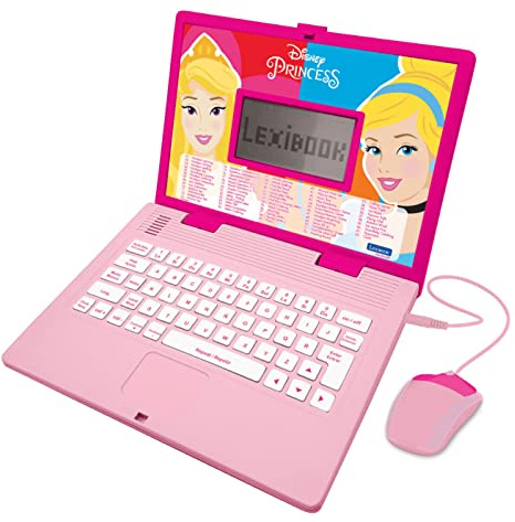 LEXIBOOK JC598DPi2 Disney Princess-Educational and Bilingual Laptop Spanish/English-Girls Toy with 124 Activities to Learn, Play Games and Music