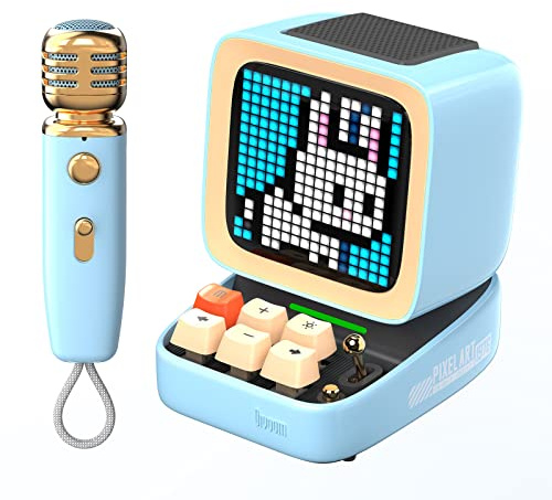 Divoom Ditoo-Mic Pixel Art LED tragbarer Bluetooth-Lautsprecher mit drahtlosem Karaoke-Mikrofon, App-gesteuertem Bildschirm, RGB-Tastatur, Spielen, Alarmen für Erwachsene/Kinder, Home Party