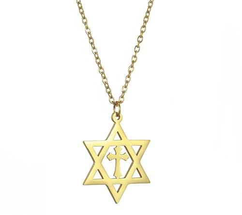 VASSAGO Collier avec pendentif étoile de David Salomon à six pointes en acier inoxydable hexagonal pour homme (Étoile de David avec croix - Or)